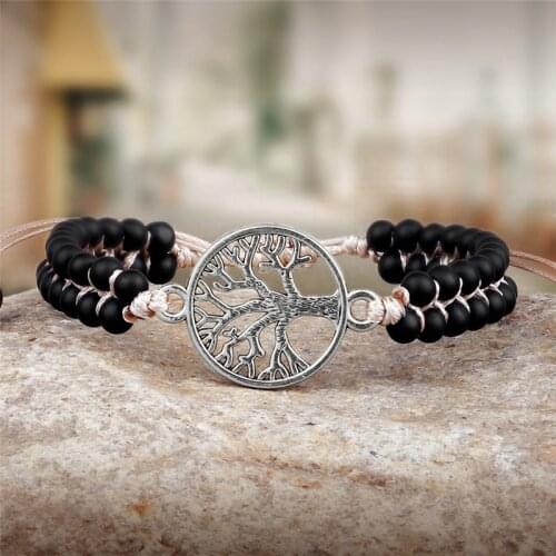 Handmade Beaded String Braided Bracelets Natural Stone Black Matte Yoga Tree of Life Charm Bracelet&Bangle For Women Men Jewelry