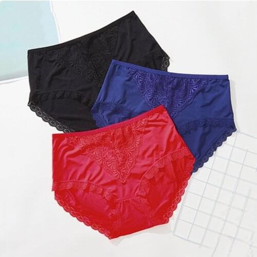 3Pcs/lot Ice silk super large size high waist sexy openwork lace lace flowers sexy Briefs Women Underwears plus size 7XL Panties