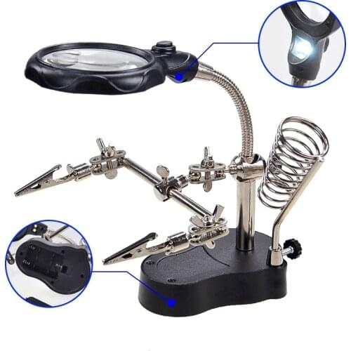Welding Magnifying Glass EU Plug 5 LED Auxiliary Clip Magnifier 3 In 1 Hand Soldering Solder Iron Stand Holder Station Magnifier