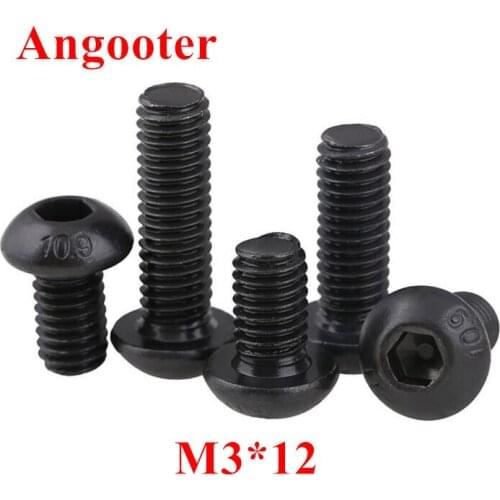 1000pcs M3*12 Black Steel Hexagon Socket Button head Screw Threaded 3mm Round Head Mushroom Machine Screws Bolts
