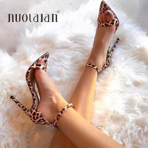 2019 Summer women high heel sandals leopard ankle strap sandal shoes party dress shoe woman patent leather high heels