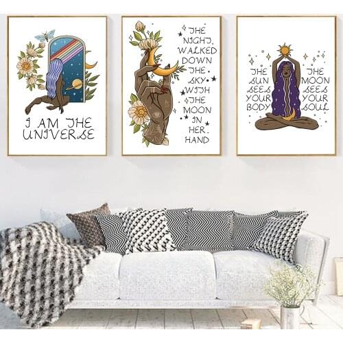 Nordic Style Feminine Posters and Prints Female Celestial Wall Art Sun Moon Body Soul Wall Pictures for Living Room Home Decor