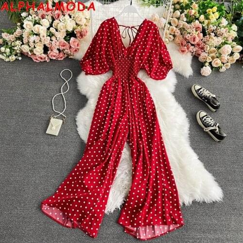 ALPHALMODA 2021 New Fashion Polka Dot Slim Waist Short Sleeves Jumpsuit High Waist Wide Leg Women Holidays Casual Overall Outfit