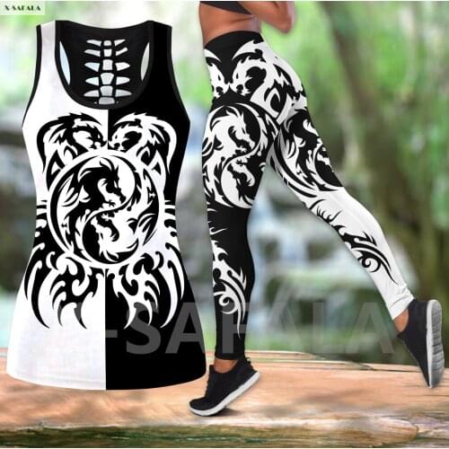 Dragon YinYang Tattoo 3D Printed Women Combo Two Piece Yoga Set Vest Hollow Out Tank Top High Waist Legging Summer Casual Sport