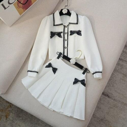 Autumn Small Fragrance Two Piece Set Women Crop Top Bow Short Jacket Coat + Pleated Mini Skirts Sets Korean Sweet 2 Piece Suits