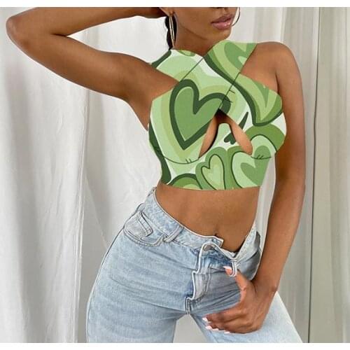 Women Close-fitting Vest Heart Printed Sleeveless Backless Crop Tops Sexy Summer Hollow Out Casual Camisole Tank Top