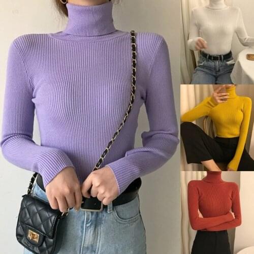 Women Long Sleeve Turtleneck Sweater Sweet Solid Candy Color Ribbed Knitted Pullover Tops Slim Basic Stretch Jumper