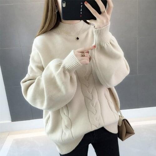 Autumn Winter Half High Collar Knitted Sweater Pullover Women 4 Color Loose Jumper Ladies Mock Neck Puff Sleeve Knit Tops Female
