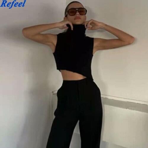 New high collar tight thin sleeveless crop top womens all-match simple solid camis color short irregular navel top summer