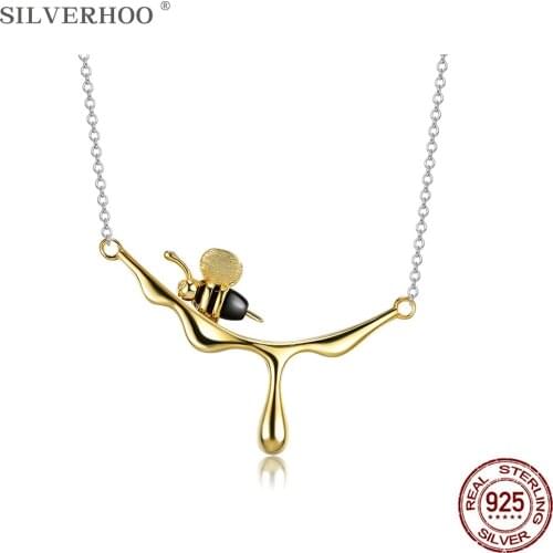 SILVERHOO Real 925 Sterling Silver Necklaces For Women Gold Color Bee And Dripping Honey Pendant Necklace Handmade Fine Jewelry