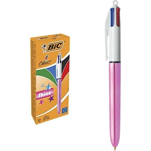Bic 12 Pcs 4 Colours Shine Ballpoint Pens Multiple Colorful Metallic Barrels Four Ink Colors Each Pen (Blue, Green, Black, Red)