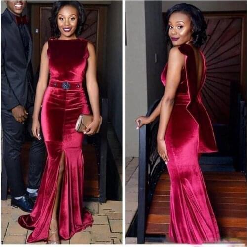 Velvet Prom Dresses Sexy Mermaid Front Split Evening Gowns Backless Floor Length Beaded Waist Formal Party Dress