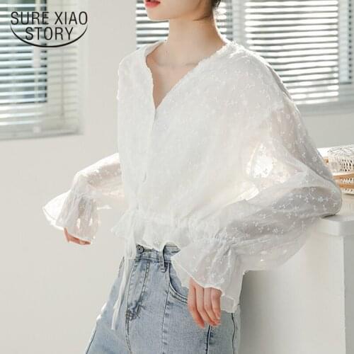Korean Embroidered Lace Blouse Women Autumn New Long Sleeve White Sunscreen Tops V Neck Casual Lace Up Slim Shirts Flowers 15706