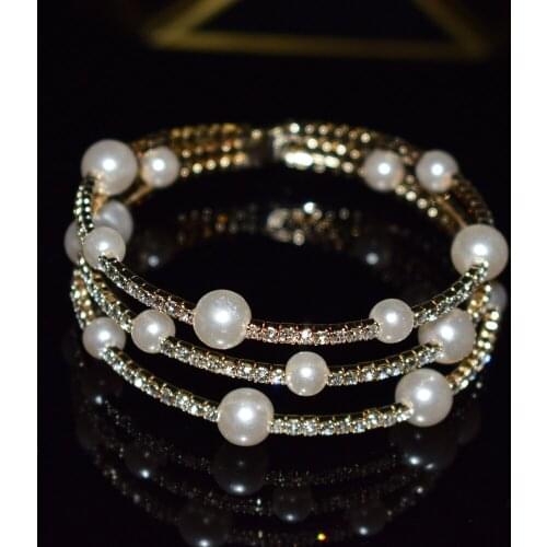 New Fashion Crystal Pearl Womens Open Bangle Cuff Bracelets Girls Rhinestone Jewelry Party Wedding Accessories Best Gift