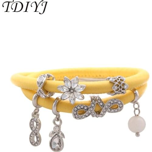 TDIYJ Light Yellow Sheepskin Leather Bracelet Magnetic Double Layers Endless Story Charms Bracelet with 7Pcs Charms 1Set