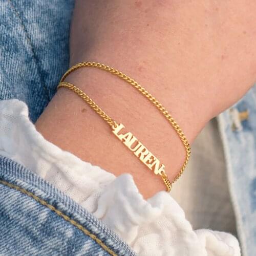 Custom Stainless Steel Name Bracelets for Girls Customized Personalised Gold 3mm Cuban Chain Letter Bracelet Charm Women Jewelry