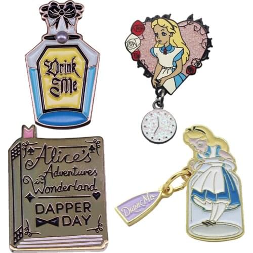 Alice in Wonderland Brooch Drink Me Badge Magic Girl With Clock Enamel Pin The Book Decor