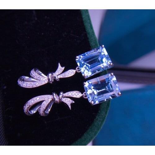 E524 Fine Jewelry Pure 18K White Gold Natural Aquamarine Gemstone 5.8ct Diamonds Females Earrings for Women FIne Earrings