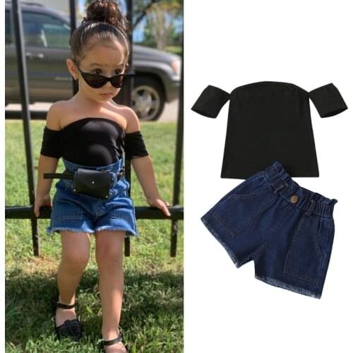FOCUSNORM 1-6Y Fashion Toddler Kids Girls Clothes Sets Strapless Off Shoulder Short Sleeve Tops Blue Denim Shorts