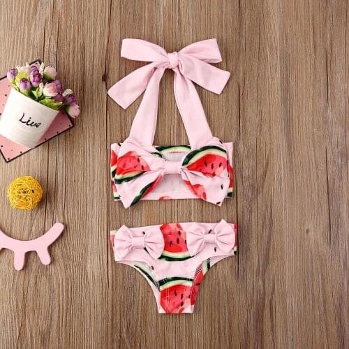 Summer Baby Girls Kids Sweet Two Piece Swimwear Bathing Halter Bowknot Watermelon Bikini Swimsuit