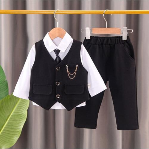 2021 new fashion childrens wear baby chain vest gentleman suit boys solid color vest Tie Shirt three piece formal evening dres