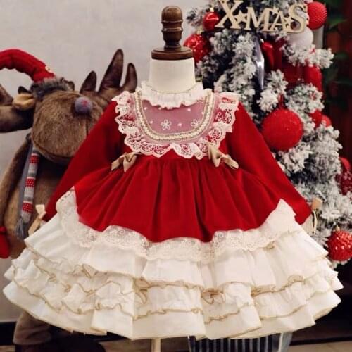 Baby Girl Autumn Winter Red Velvet Vintage Spanish Pompom Ball Princess Lolita Dress for Christmas Birthday