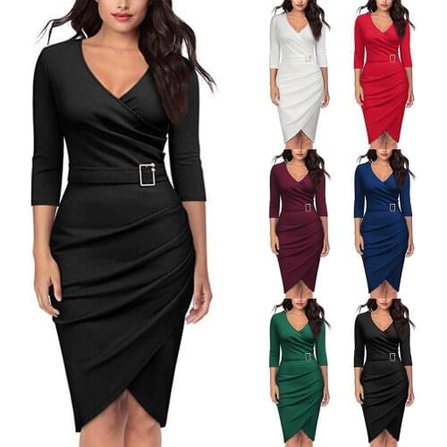 Autumn Contrast Pleated Tunic Wrap Dress Business Office Women Dress V Neck A-Line 3/4 Sleeve Ol Party Ladies Dress