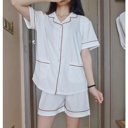 CAIYIER Cotton Pajama Set Women Summer Short Sleeve Shorts Casual Solid Contracted Girl Turn-down Collar Sleepwear Homewear