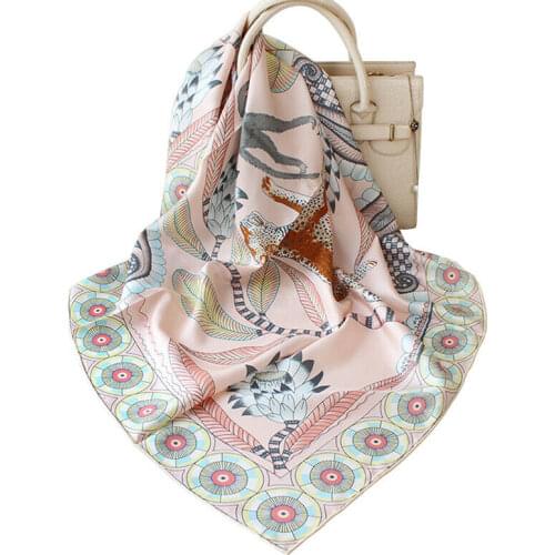 Luxury 100% Twill Silk Scarf Women Fashion Kerchief Aztec Tribal Style Monkey & Leopard Print Shawl Hijab Stole 90*90cm