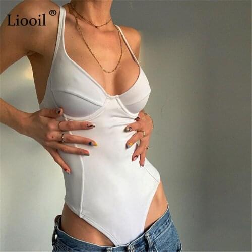 Liooil Sexy Tight Bodysuits Tops Black White Body Suit Women 2021 Summer Streetwear Sleeveless V Neck Bodycon Romper Jumpsuits