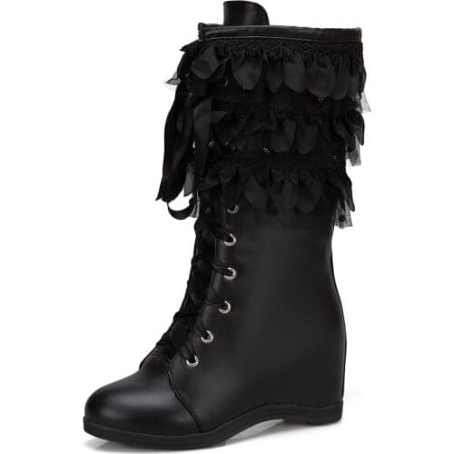 Inner Heightening Lace Applique Bow Tie Mid-Calf Boots Flat-Heeled Thick-Soled Cross Straps PU Womens Boots Satin Flower