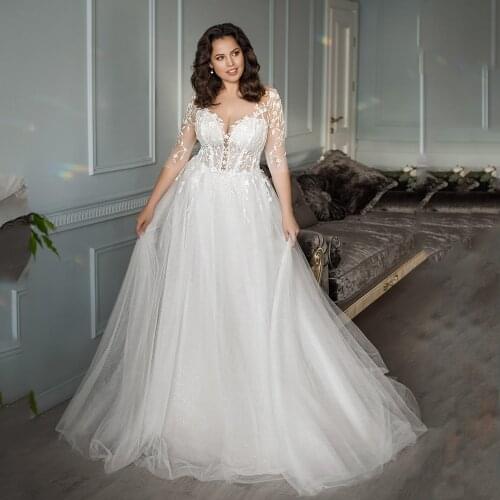 Sexy Wedding Dress Plus Size Sheer Scoop Neck 3/4 Sleeves Sparkling Lace Tulle A Line Bride Dresses Side Slit Robe De Mariee