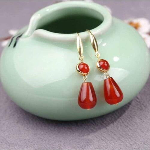 Natural red agate water drop earrings bridal Earrings pure silver wrapped gold ear line anti allergy Chinese style