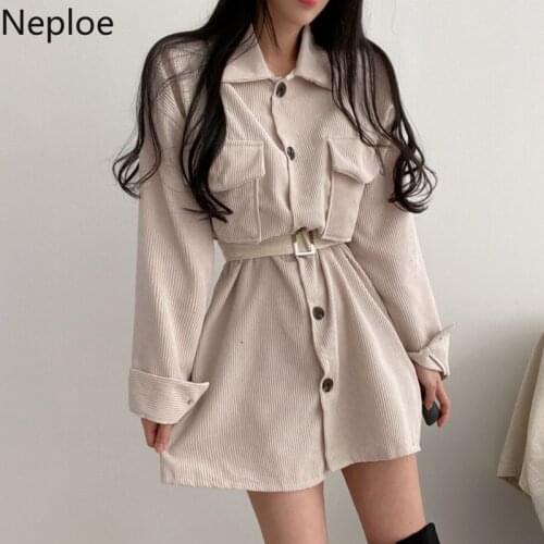 Neploe Chic Mini Woman Dress Turn-down Collar Pocket Corduroy Robe Sashes Slim Fit Vintage Vestidos Korean Casual Dresses 97391