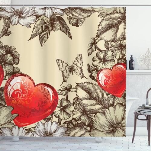 Love Shower Curtain Set Pattern Valentines Day with Flowers Curtain for Bathroom Decor 12 Hooks Decorative Bath Accessory