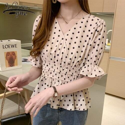 2020 Korean Vintage V-neck Polka Dot Short Sleeve Chiffon Blouse Women Elegant Slim Waist Ruffles Female Blouse Blusas 8970 50
