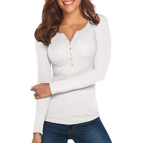 Women Spring Autumn T-Shirt Solid Color Ribbed Henley Neck Long Sleeve Slim-fitting Pullover Casual Basic Tops