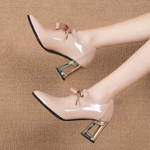 Spring Women Shoes Pointed Toe Lace Up High Heels Pointed Toe Dres Shoes Patent Leather Bare Boots Black Botas Mujer 2020