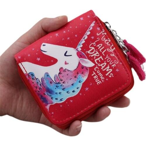 Women PU Leather Short Wallet Luxury Brand Famous Unicorn Printed Zip Wallet Coin Card Holder Phone Card Female Clutch