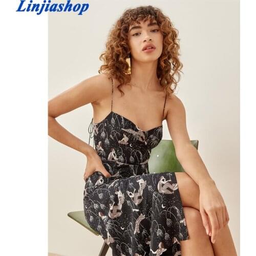 Fashion Elegant Adjust Spaghetti Straps Vestidos Palace Dance Girl Print Women Midi Dress Vintage Sleeveless Dresses