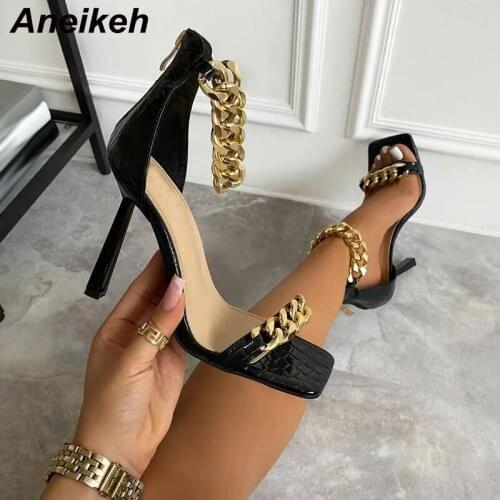 Aneikeh 2021 Metal Decoration Sandalias De Las Mujeres PU Women Shoes Fashion Buckle Strap Squared Toe Thin Heels Size 35-41