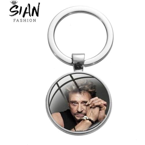 SIAN Johnny Hallyday Rock Star Alloy Keychain Famous French Singer Art Picture Handmade Glass Round Key Ring Chain for Fans Gift