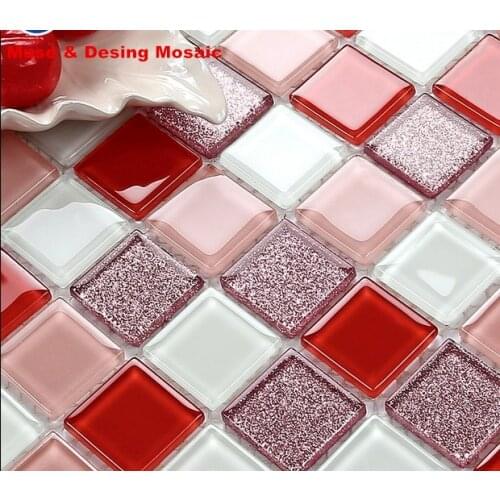 Shiny Pink Red Coral White Crystal Glass Mosaic Tile_Kithch bathroom Wall Tile DIY Showroom Cabinet Home Decoration