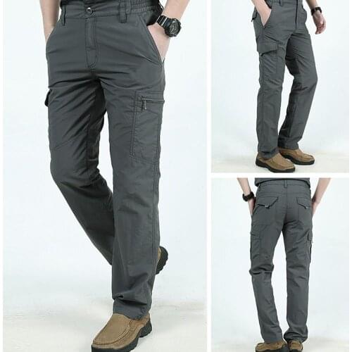 Men Casual Solid Color Pocket Thick Breathable Trousers Quick Dry Cargo Pants
