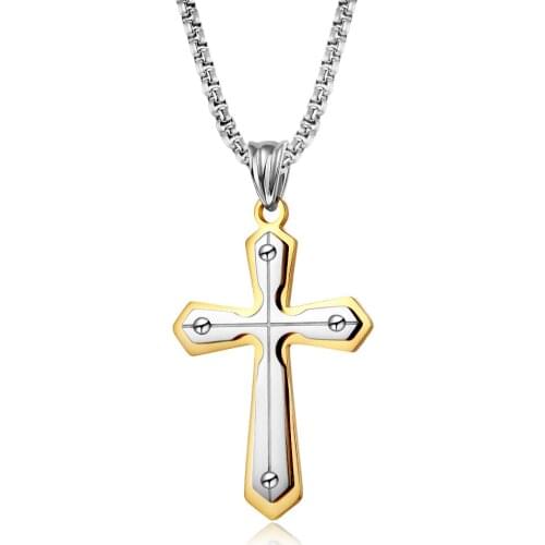 Rivet Double-Layer Cross Pendant Necklaces Stainless Steel Chain Payer Christian Religious Men Male Jewelry 24Inch
