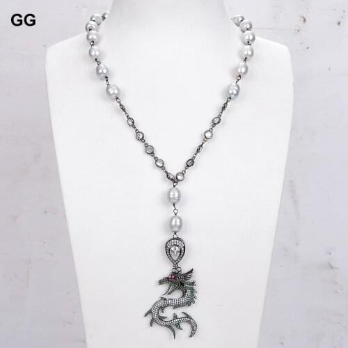 GG Jewelry 20" Natural Gray Rice Pearl CZ Chain Necklace Dragon Pendant For Women