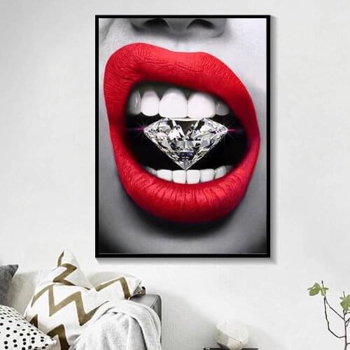 Sexy Red Lips with Diamond Canvas Painting Posters and Prints Wall Art Cuadros Pictures for Modern Home Living Room Decor