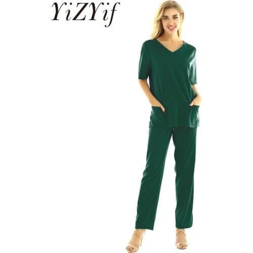 2Pcs Unisex Adults Medical Doctor Nursing Scrubs Costume Uniform Suits V-neck Short Sleeves Top with Elastic Waisted Long Pants