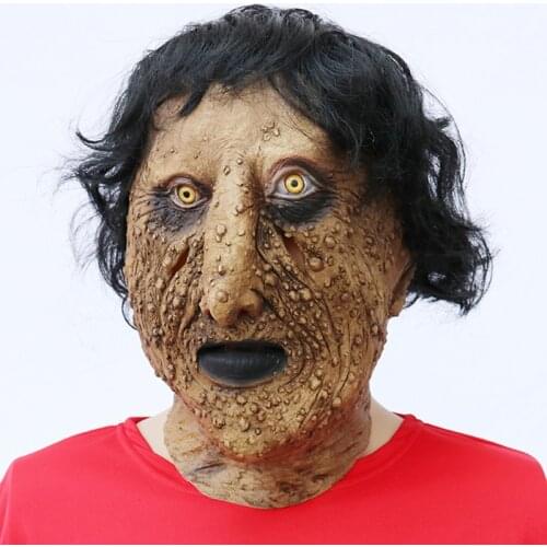 Latex Horror Face Halloween Mask with Black Hair Cosplay Headgear Party Props Adult One Size