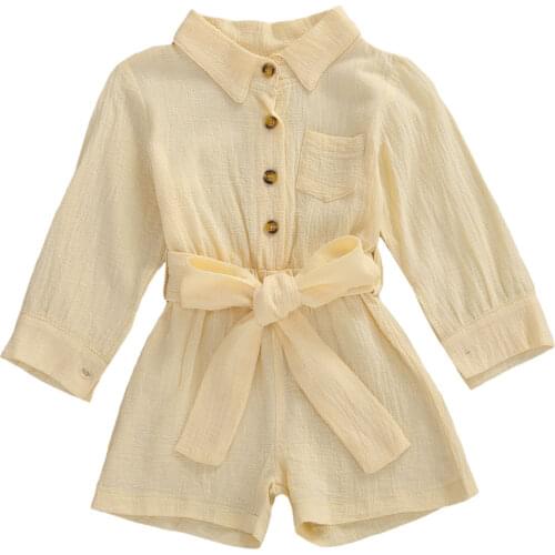 Summer Baby Girls Cotton Linen Clothes Sets Solid Kids Girls Long Sleeve Romper Casual Sportwear Button Outfits Overall 4 Color